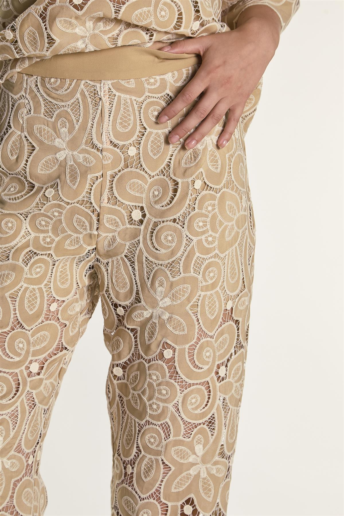 Sand Embroidered High Waisted Flared Trousers