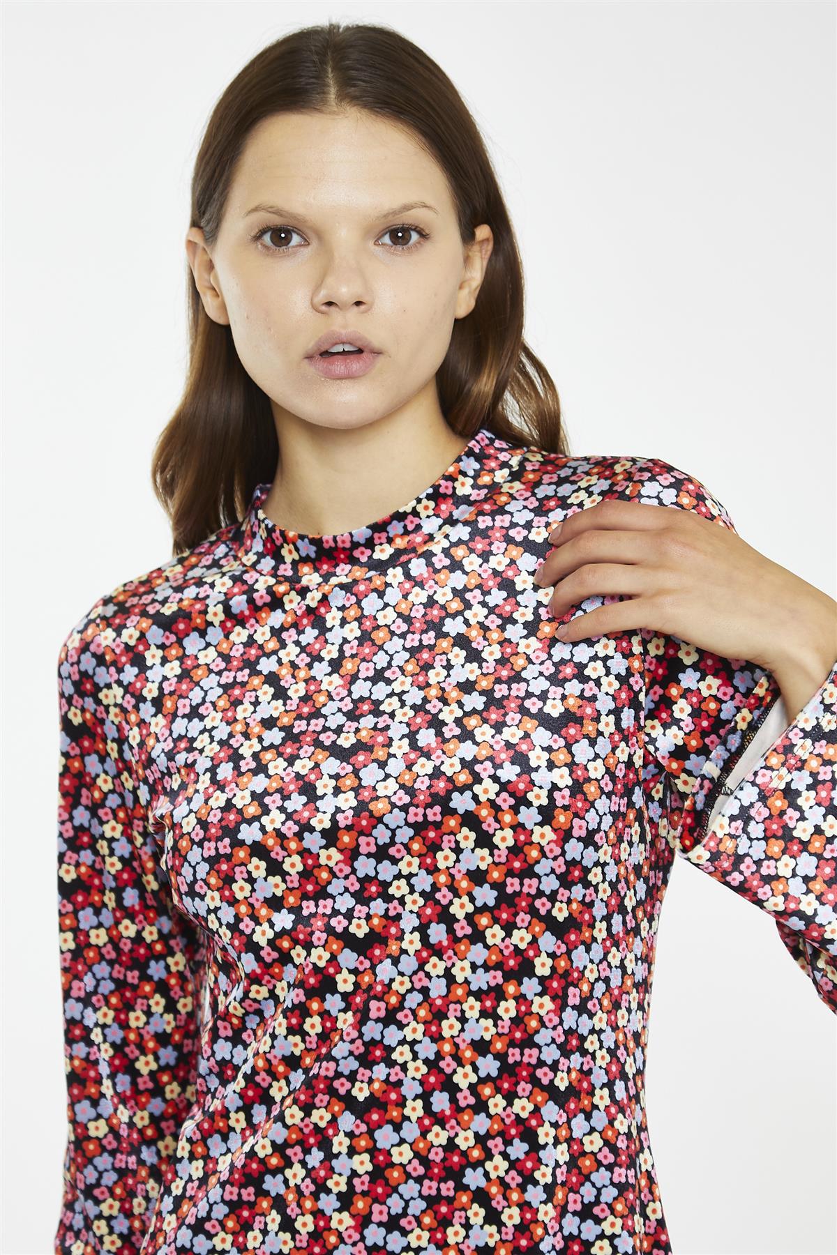 Multi-Ditsy-Velvet Long-Sleeve-Peplum Mini-Dress