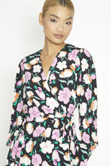 Black-Lilac Floral Wrap Mini-Dress
