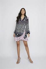 Black-Pink-Multi-Flower Multi-Ruffle-Layers Mini-Dresses