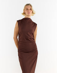 Brown Cotton Mock Neck Long Dress