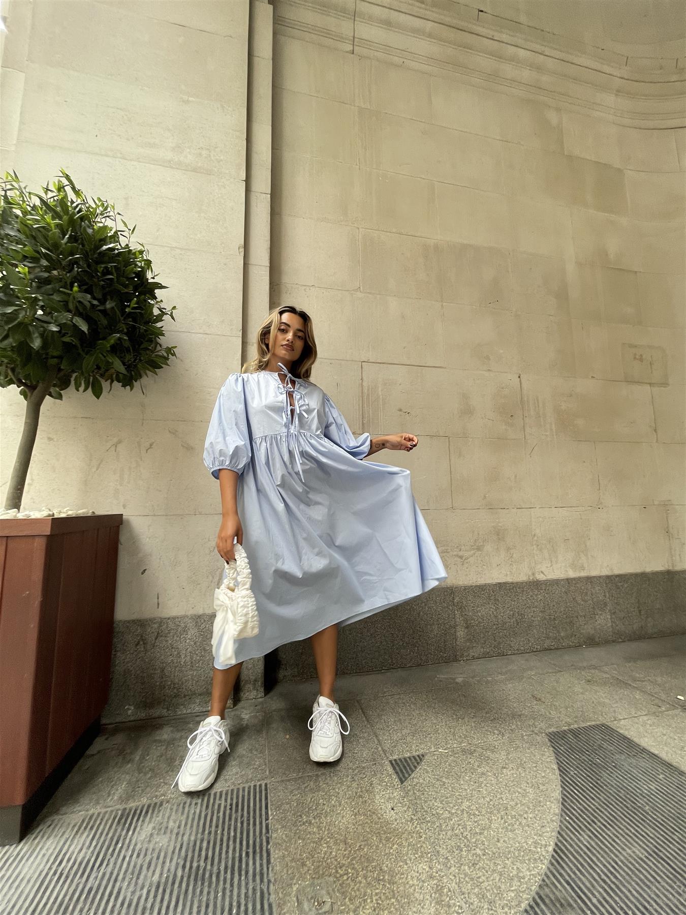 Powder-Blue Tie-Front Midi-Dress