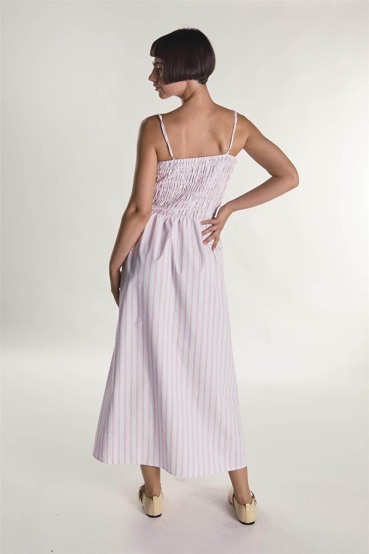 White Pink Stripe Strappy Shirring Maxi Dress