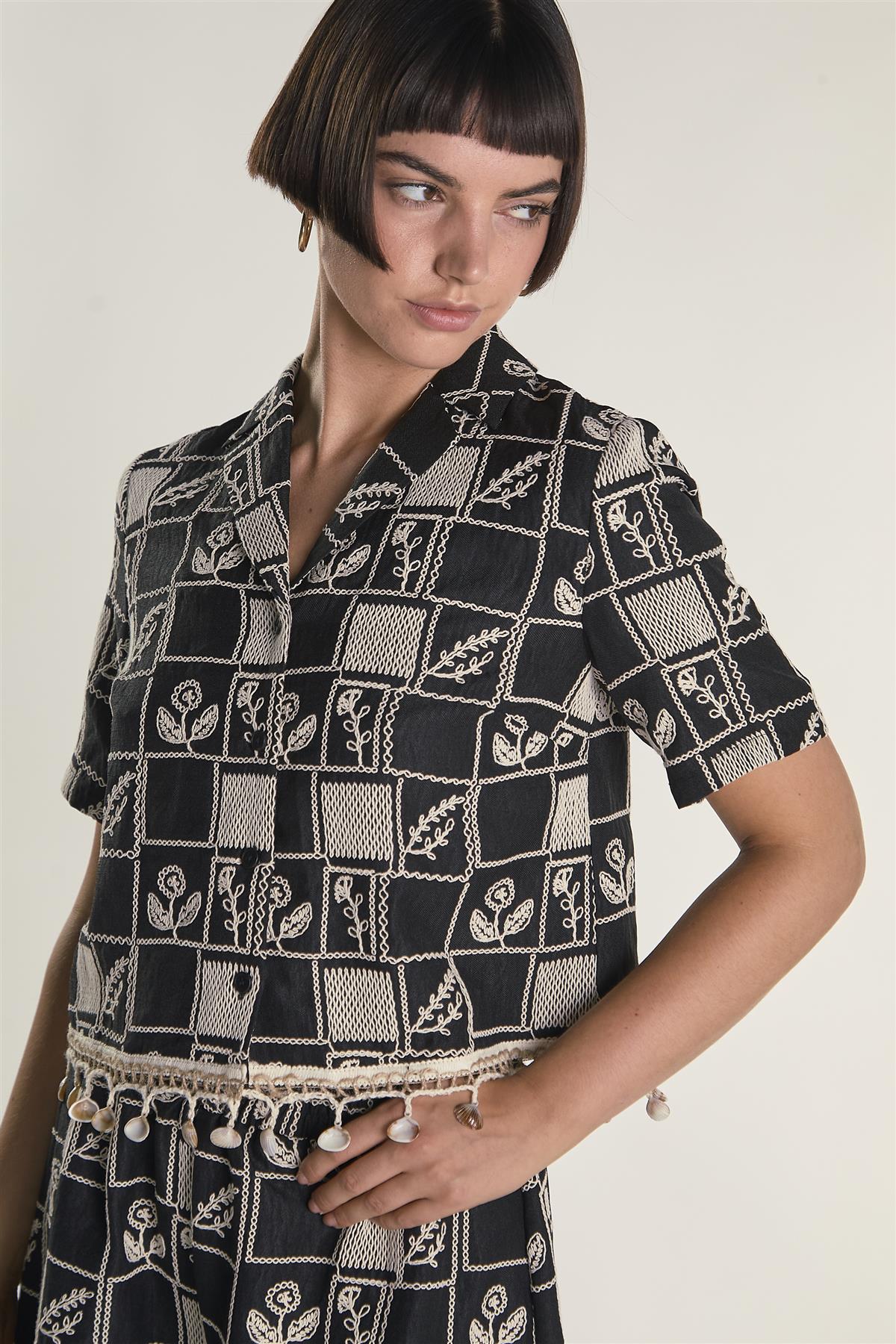 Black Embroidered Shell Detail Shirt