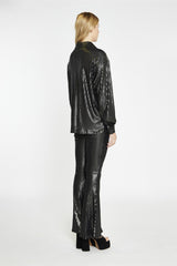 Black-Pewter-Sequin Button-Front Long Sleeve-Shirt
