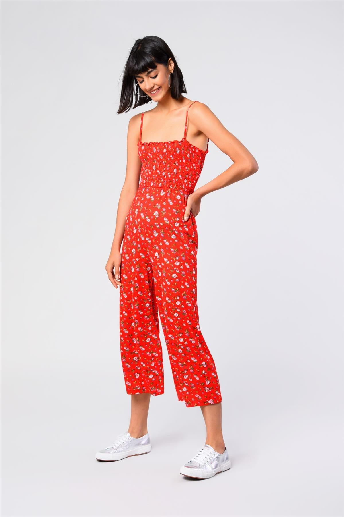 Red Ditsy-Flower Shirred Jumpsuit