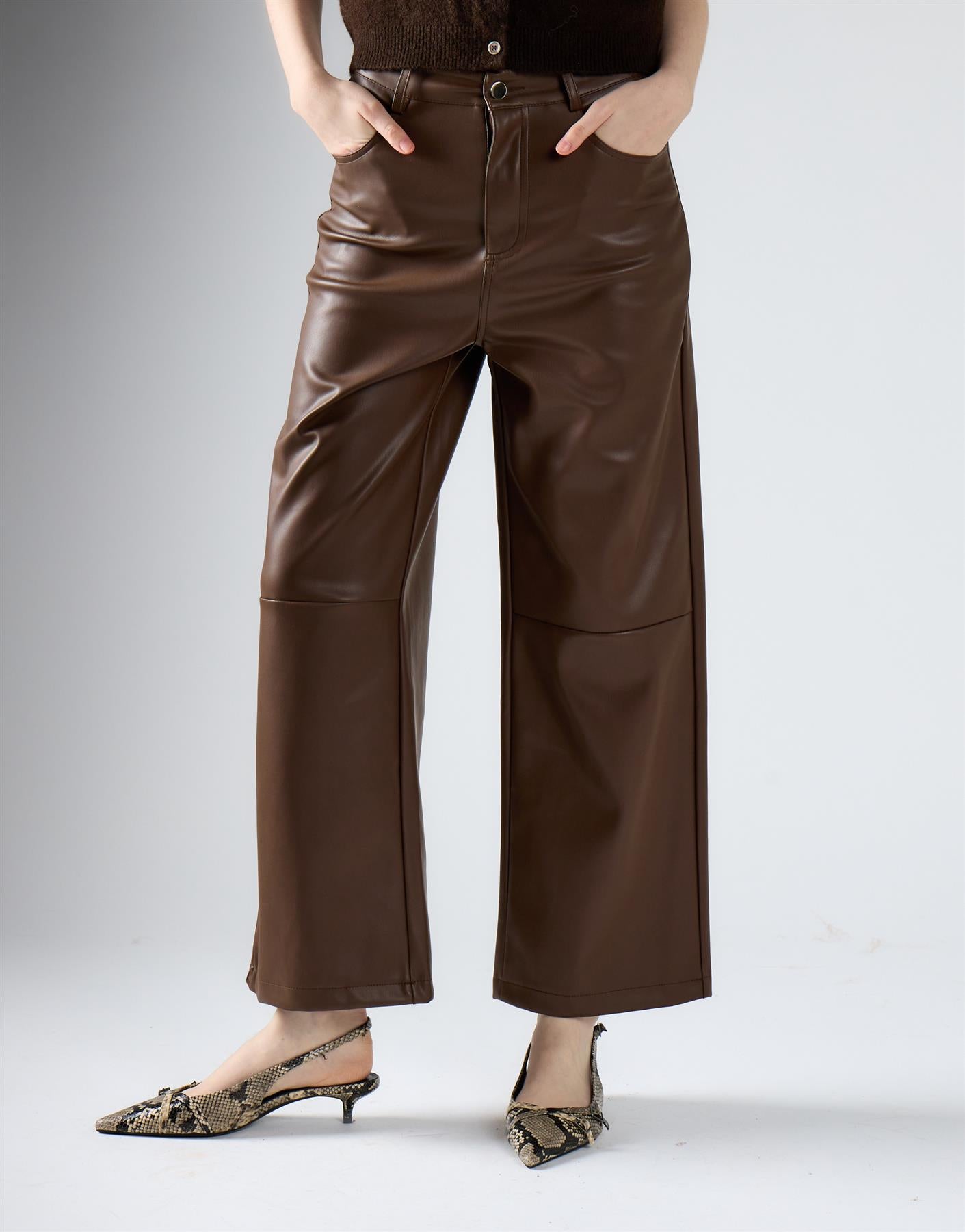 Brown Pu Straight Leg Trousers