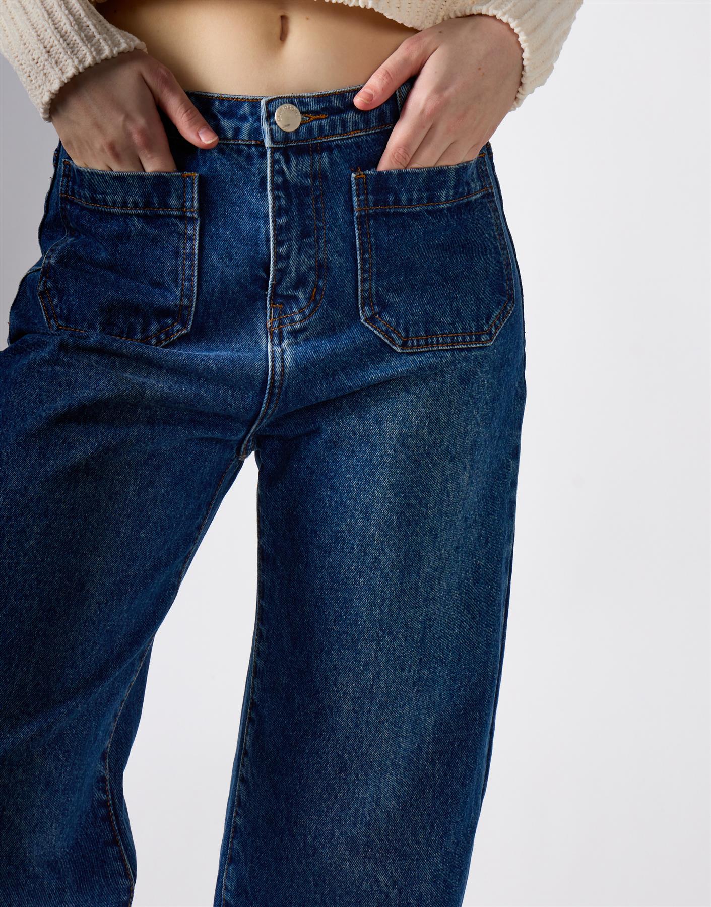 Wide Leg Jeans - Dark Blue Stonewash