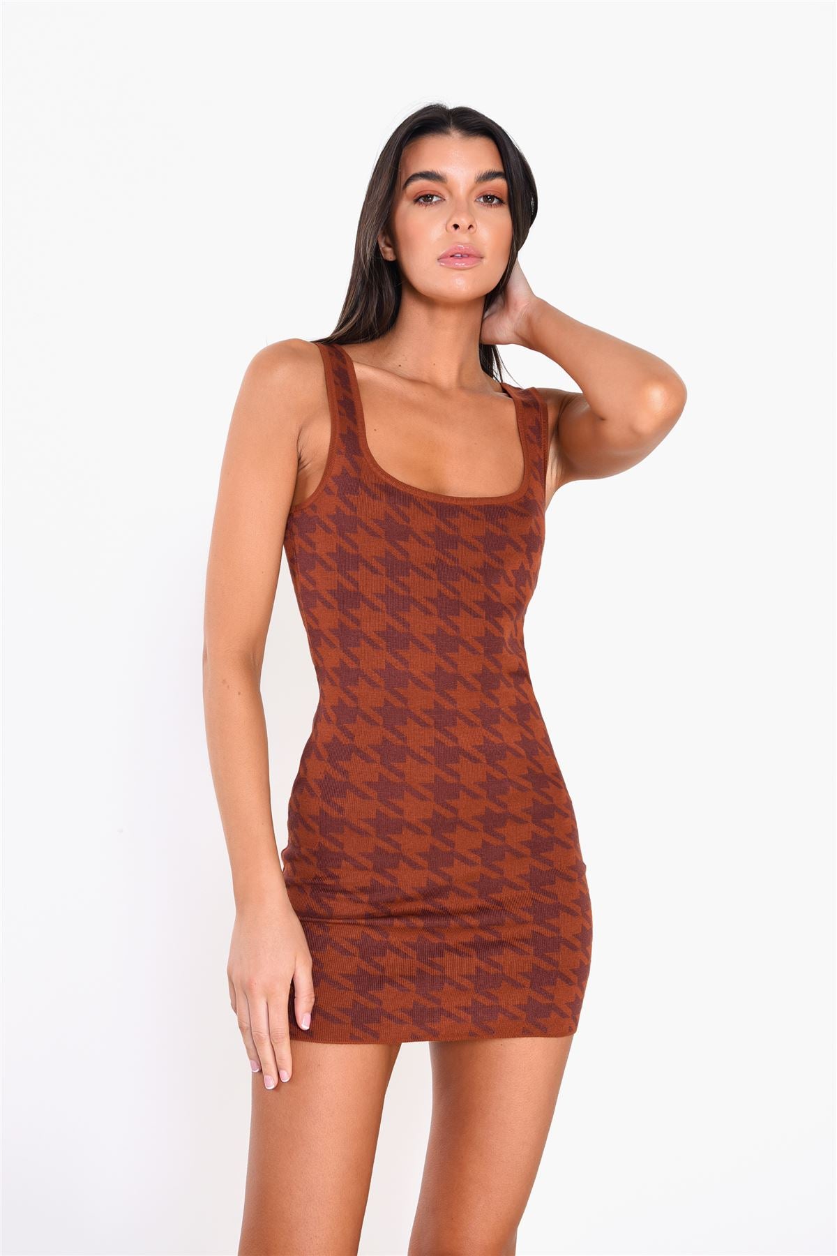 Rust Check Houndstooth Print Mini Dress
