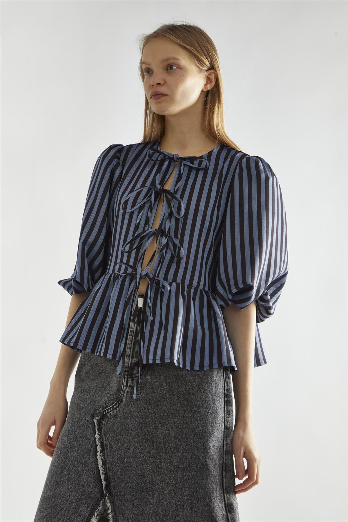 Blue-Black Stripe Tie-Front -Top