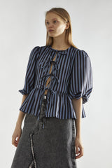 Blue-Black Stripe Tie-Front -Top