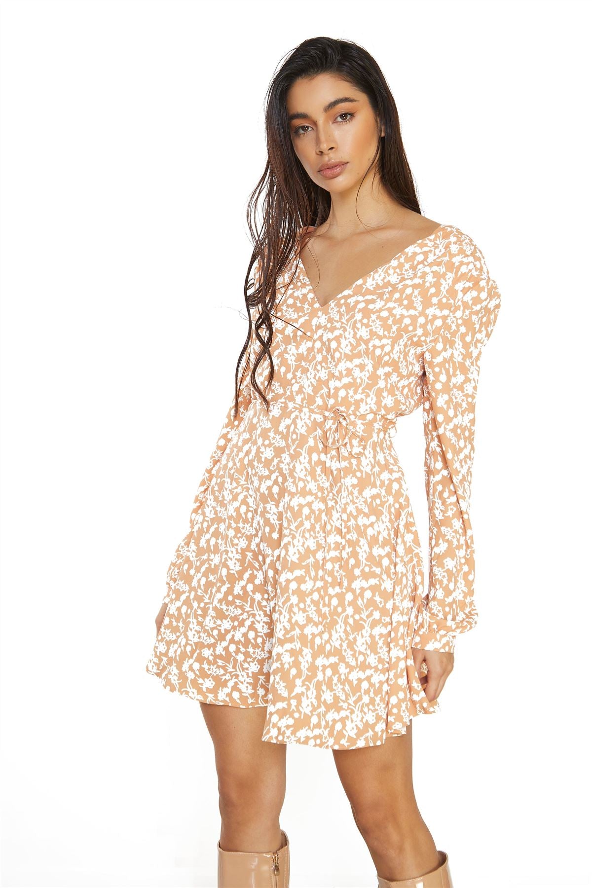 Orange Sketchy Flower Tie Waist Long Sleeve Mini Dress