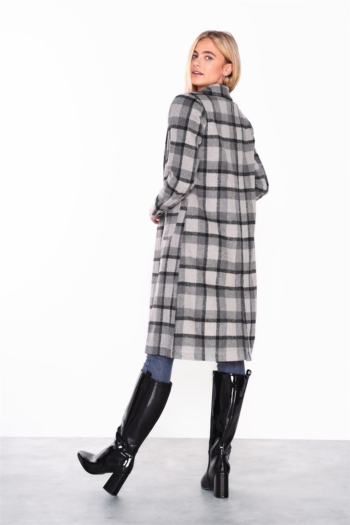 Tonal-Grey Check Collared Over-Coat
