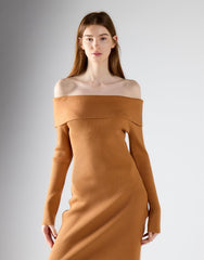 Tan Bardot Knitted Maxi Dress