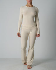 Agon Cream Crew-Neckline Top & Slight Flare-Leg Lounge Trousers Set