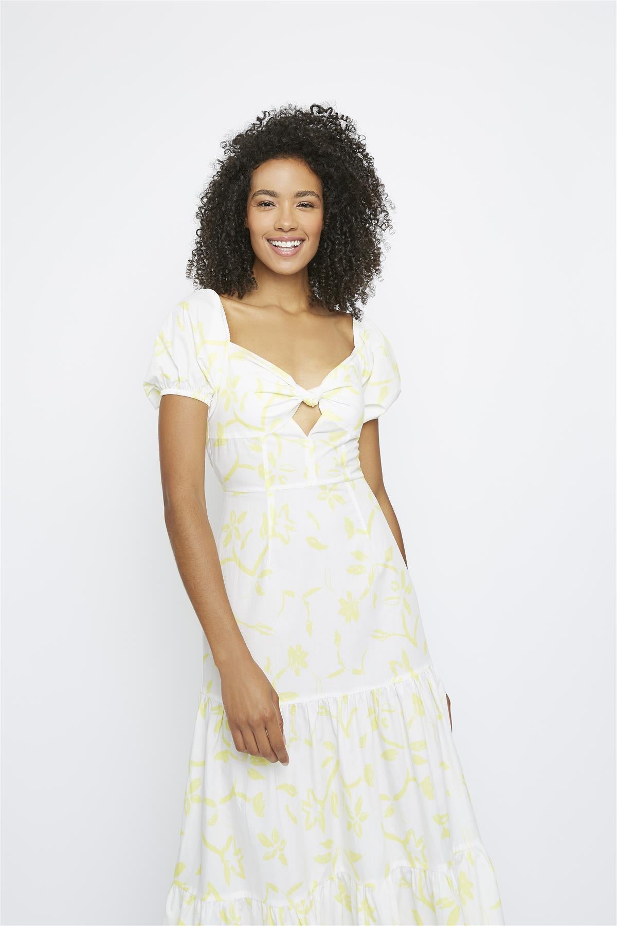 Yellow-Brushstroke-Flower Tiered Maxi-Dress