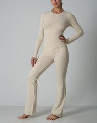 Agon Cream Crew-Neckline Top & Slight Flare-Leg Lounge Trousers Set