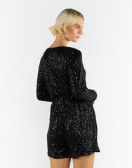 Black Sequin V-Neck Long Sleeve Playsuit