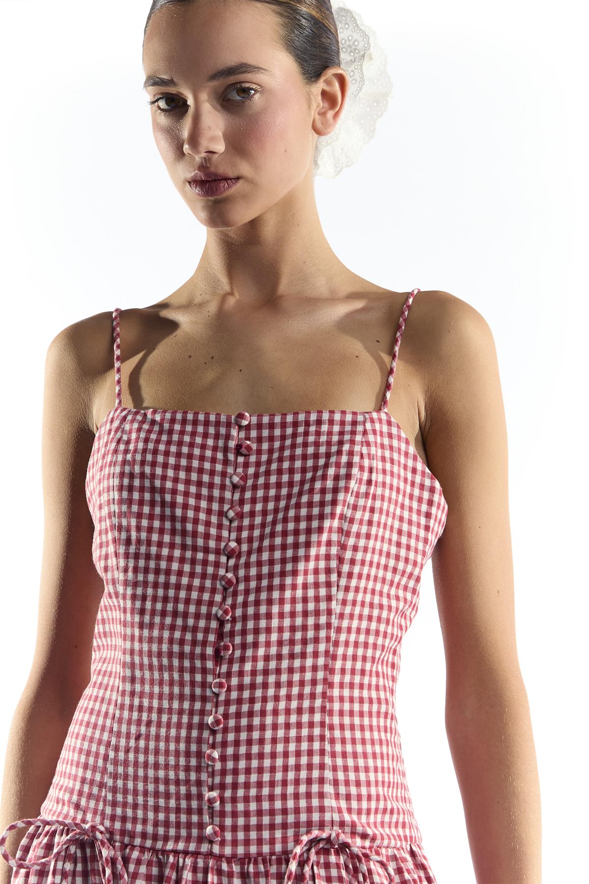 Red Gingham Button Through Dropped Waist Midi Dress