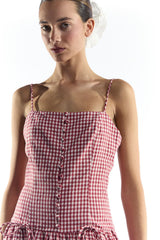 Red Gingham Button Through Dropped Waist Midi Dress