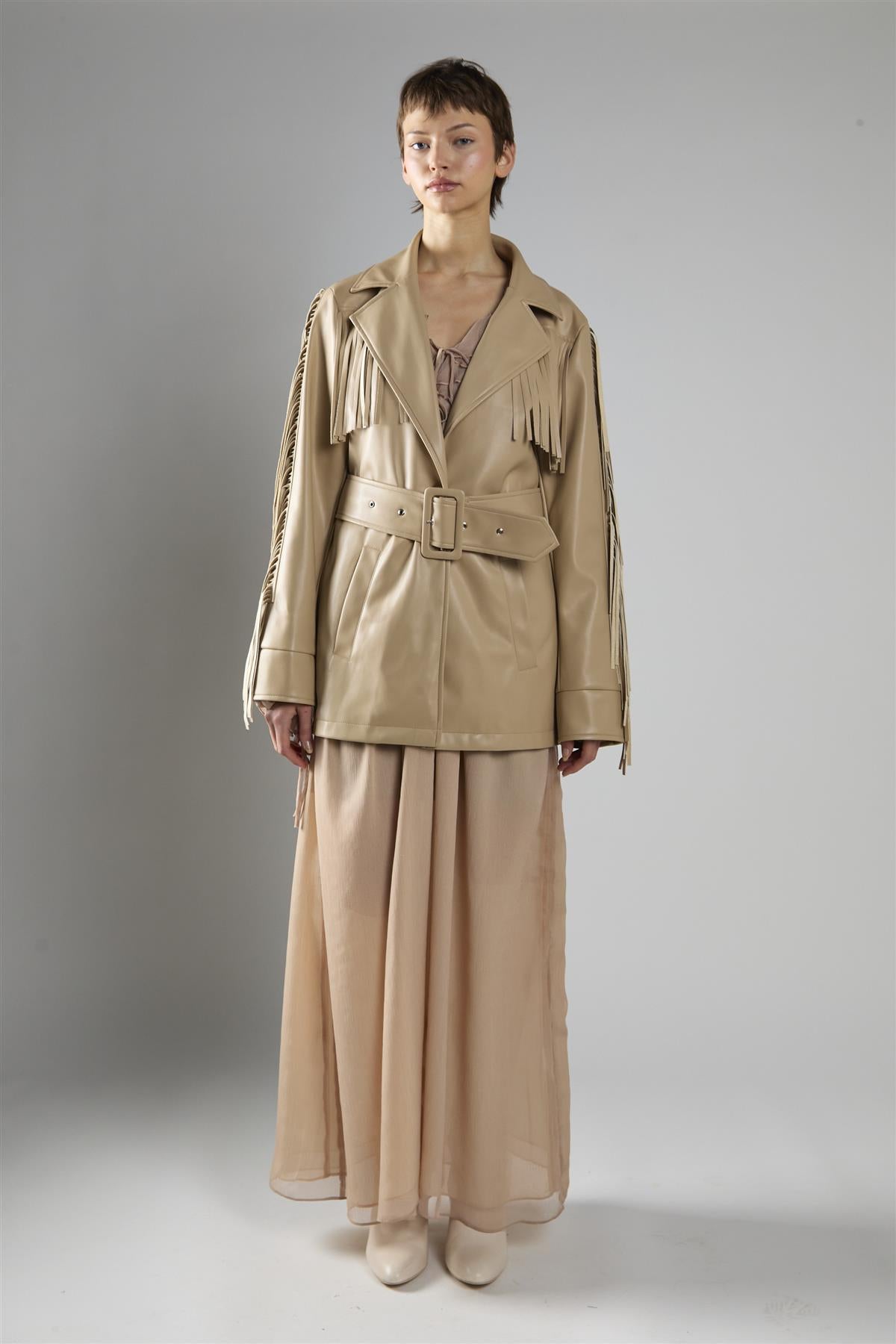 Sand Pu Belted Fringe Longline Jacket