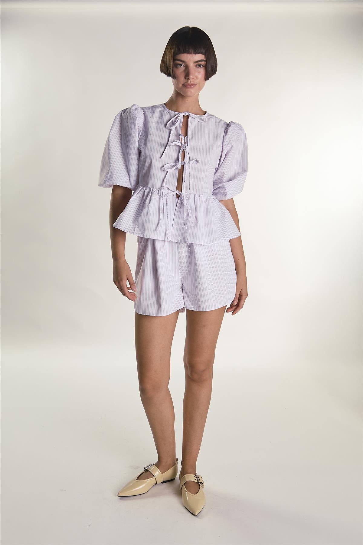 Light Pink Stripe Tie Front Puff Sleeve Top