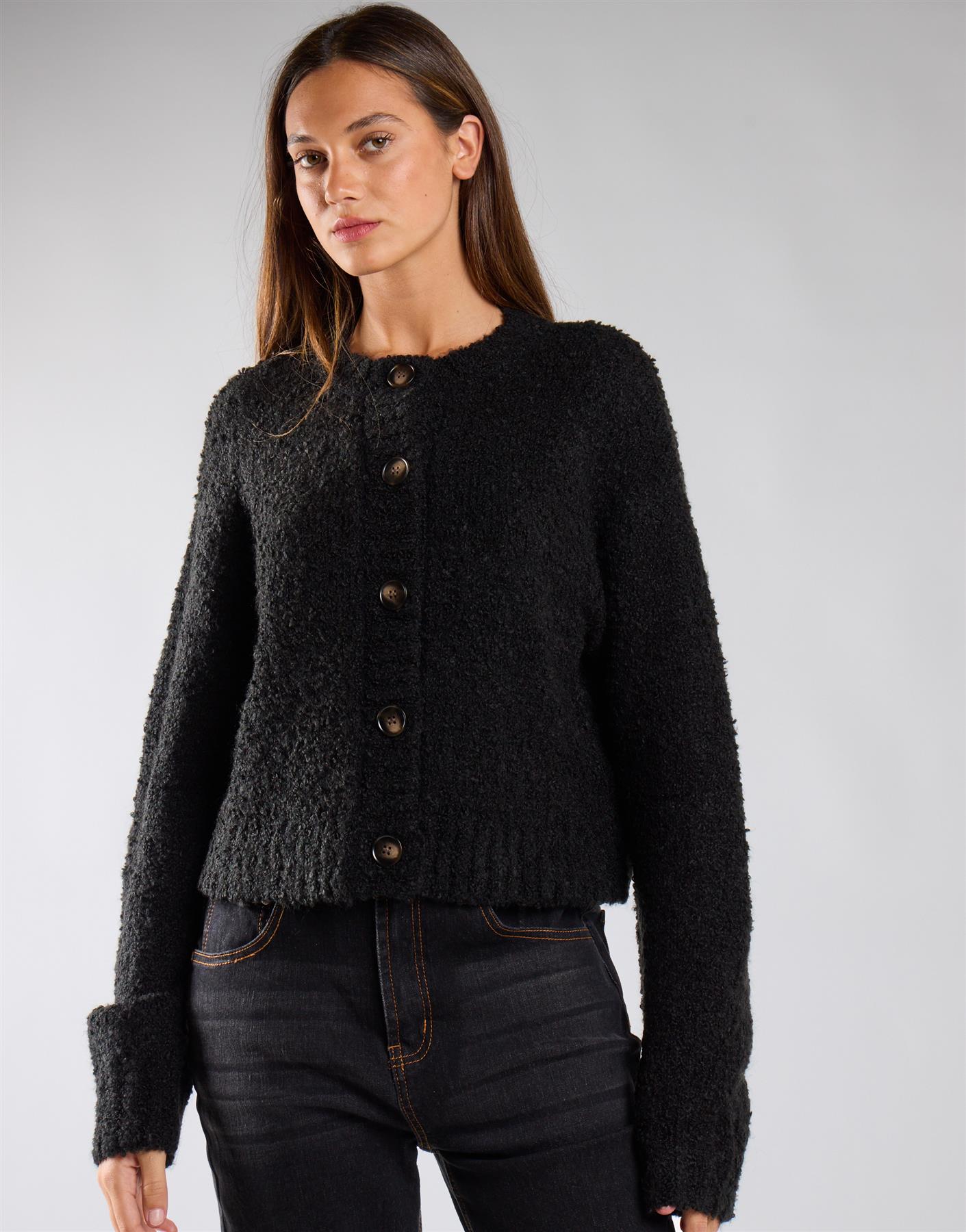 Black Buttoned Cropped Cardigan