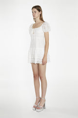 Tie Front Mini Dress - White Broderie