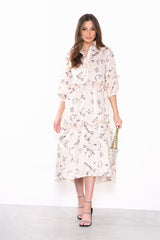 Cream Dainty Floral Long Sleeve Puff Button Up Midi Dress