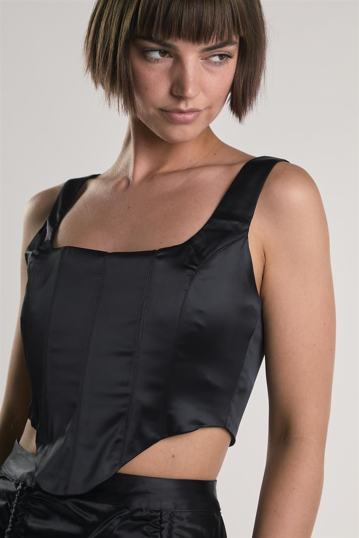 Black-Sateen Corset Crop-Top