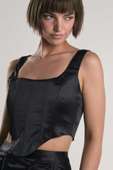 Black-Sateen Corset Crop-Top