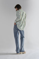 Green Daisy Collared Long Sleeve Tops