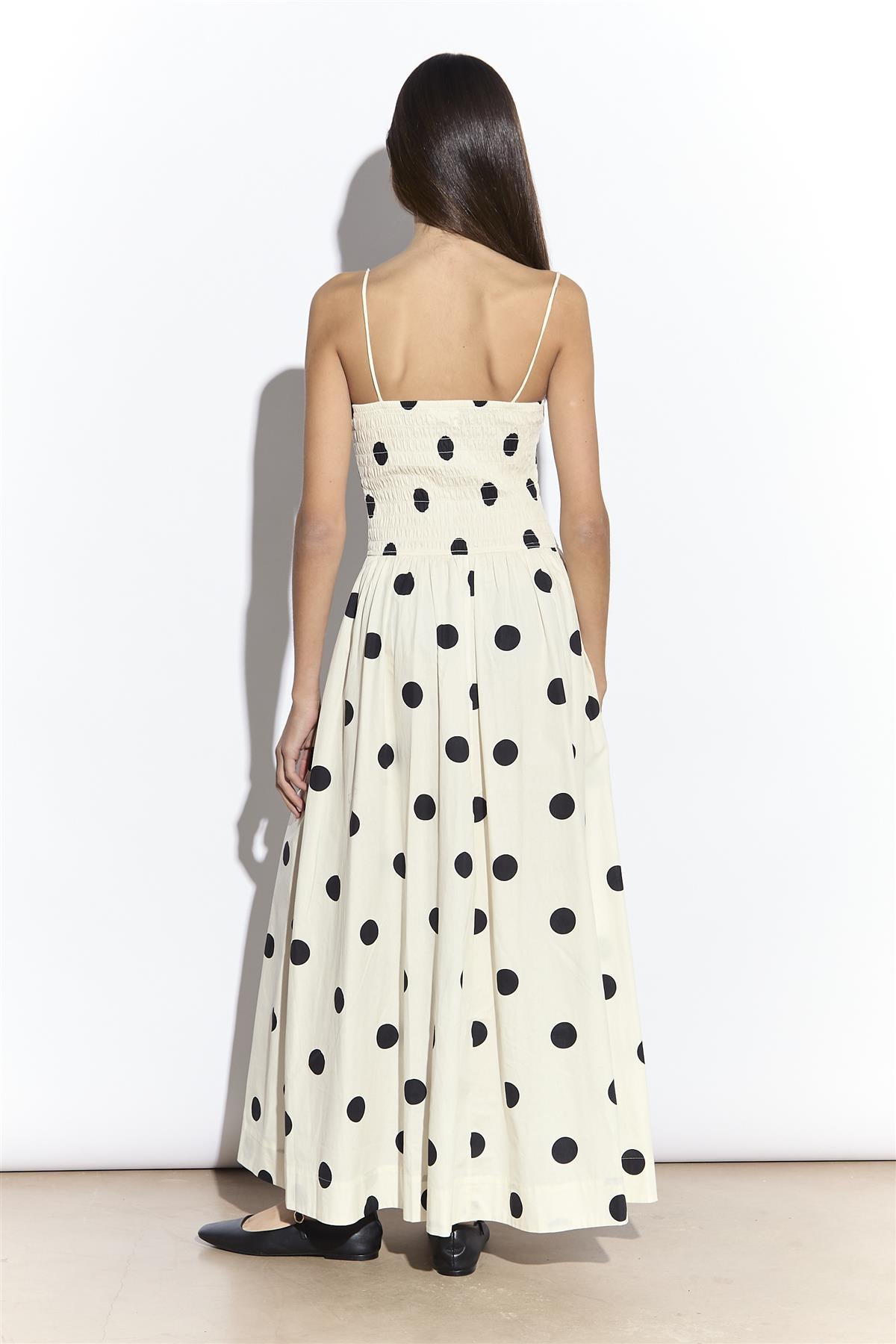Cream Spot Shirred Dropped Waist Midi Dress