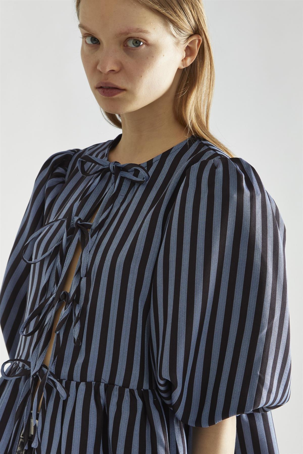 Blue-Black Stripe Tie-Front -Top