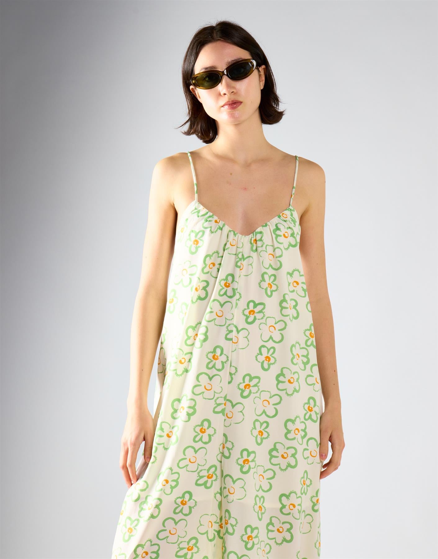 White Green Multi Daisy V-Neck Jumpsuit