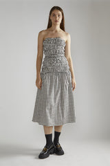 Black-White-Gingham-Print Smocked Midi-Skirt