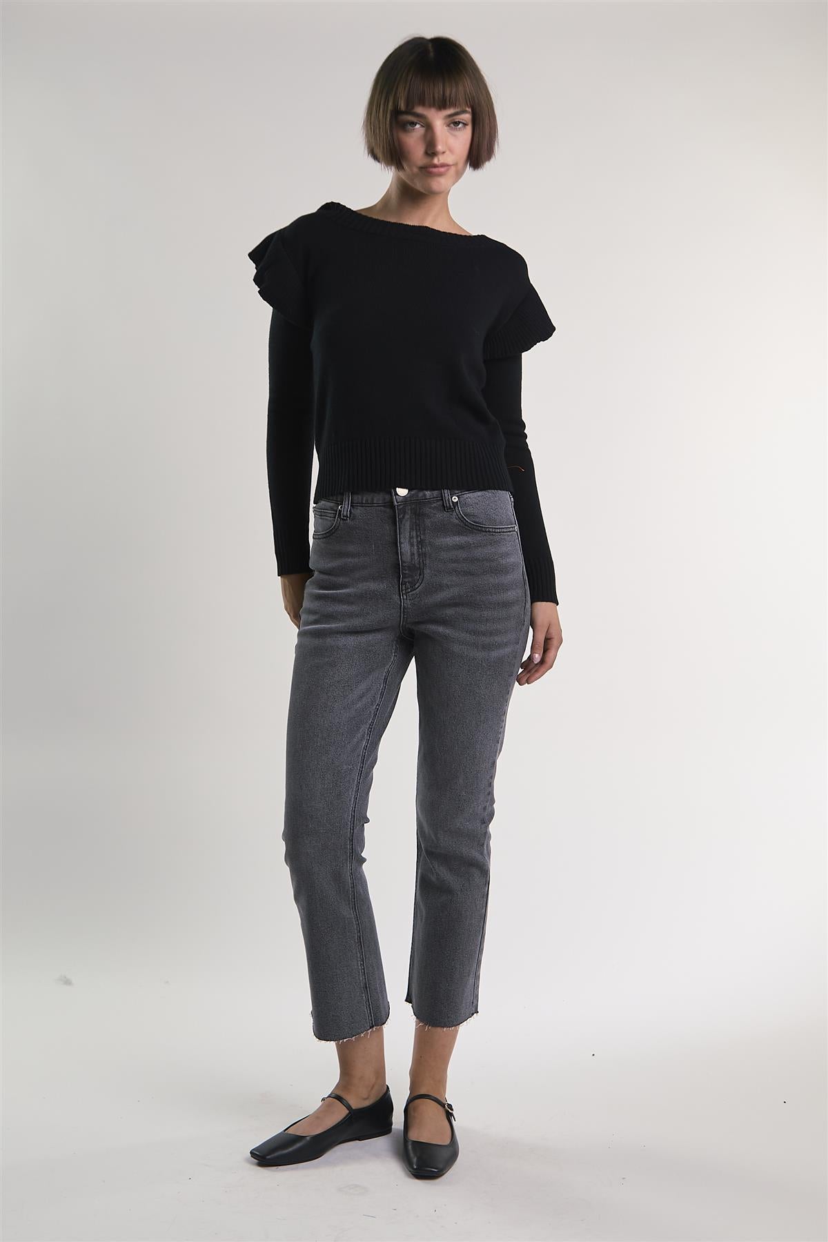 Black Ruffle Shoulder Sweater