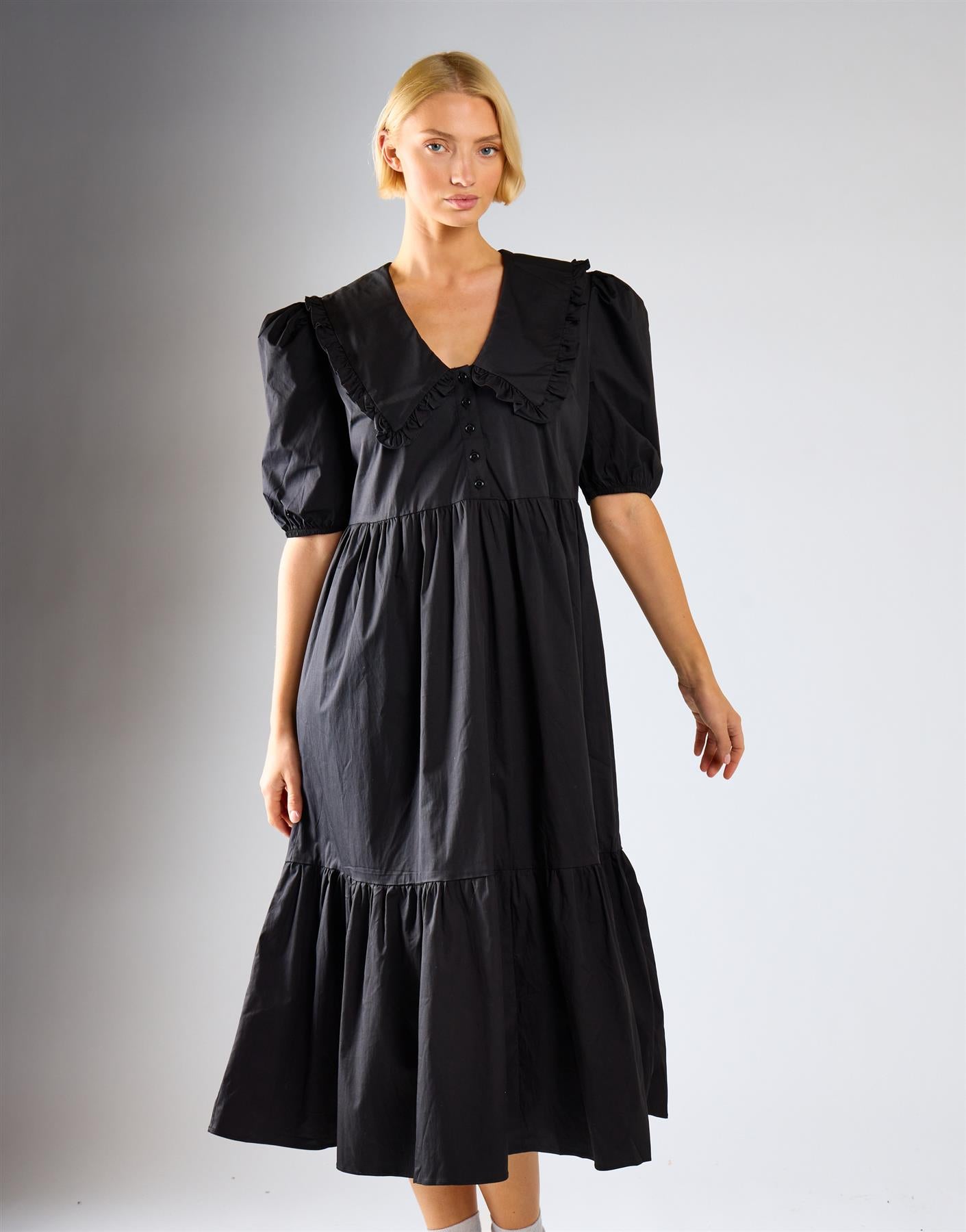 Black V-Neck Ruffle Collar Midi Dress
