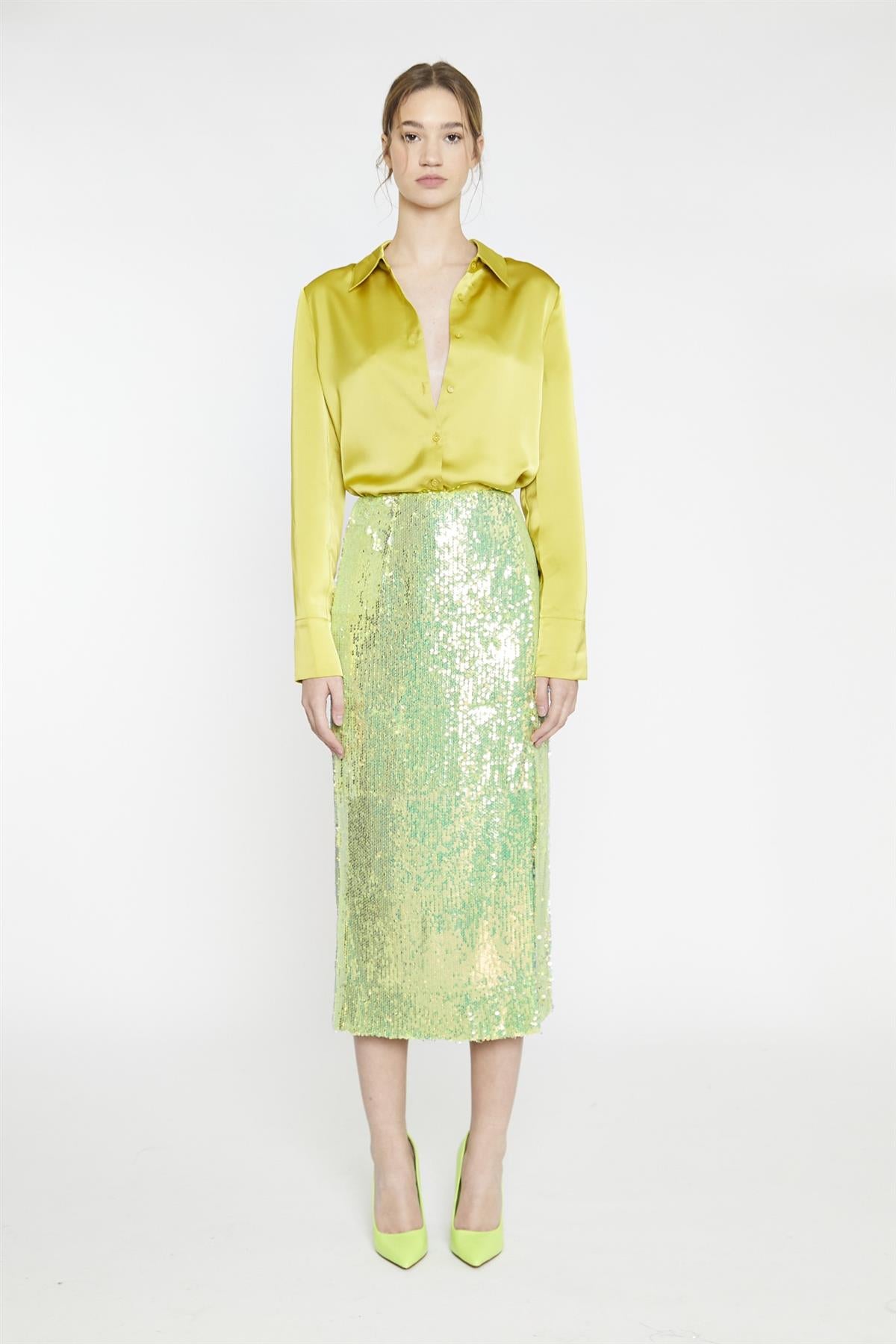 Iridescent-Lime-Sequin Side-Split Midi-Skirt