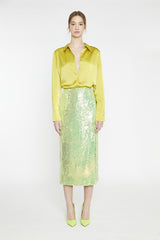 Iridescent-Lime-Sequin Side-Split Midi-Skirt