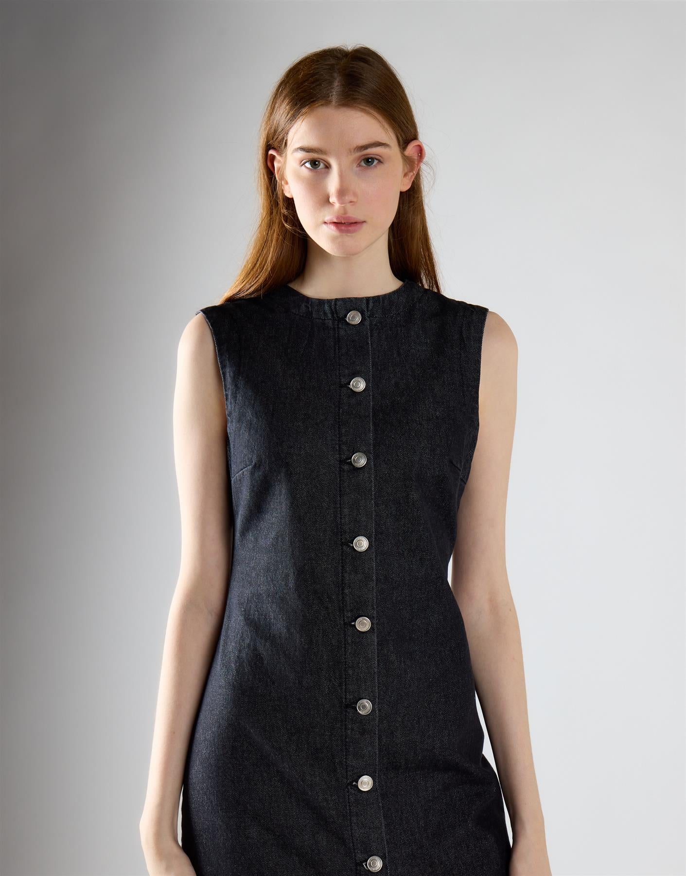 Black Denim Button Up Midaxi Dress