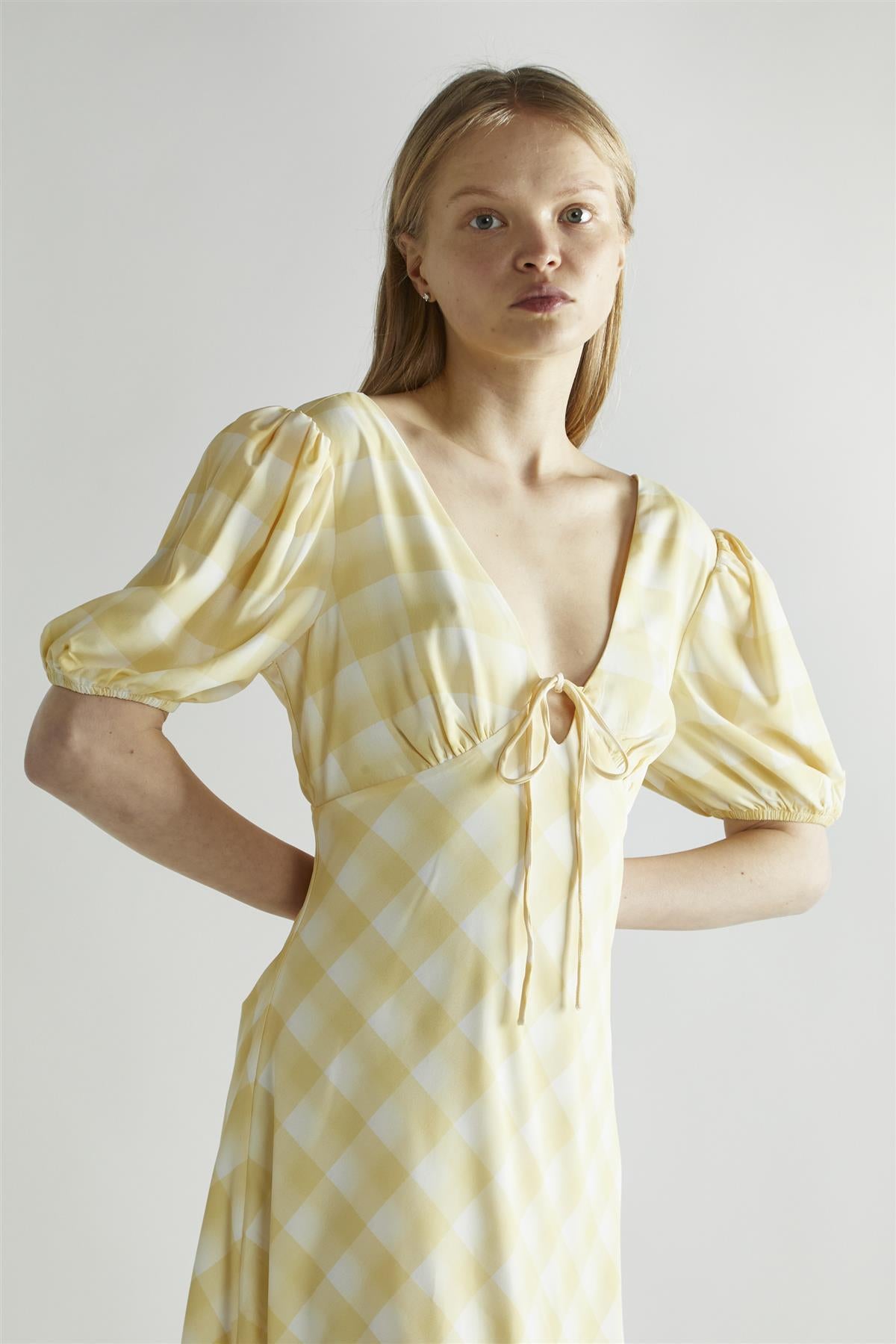 Yellow Ombre-Check A-Line Midi-Dress