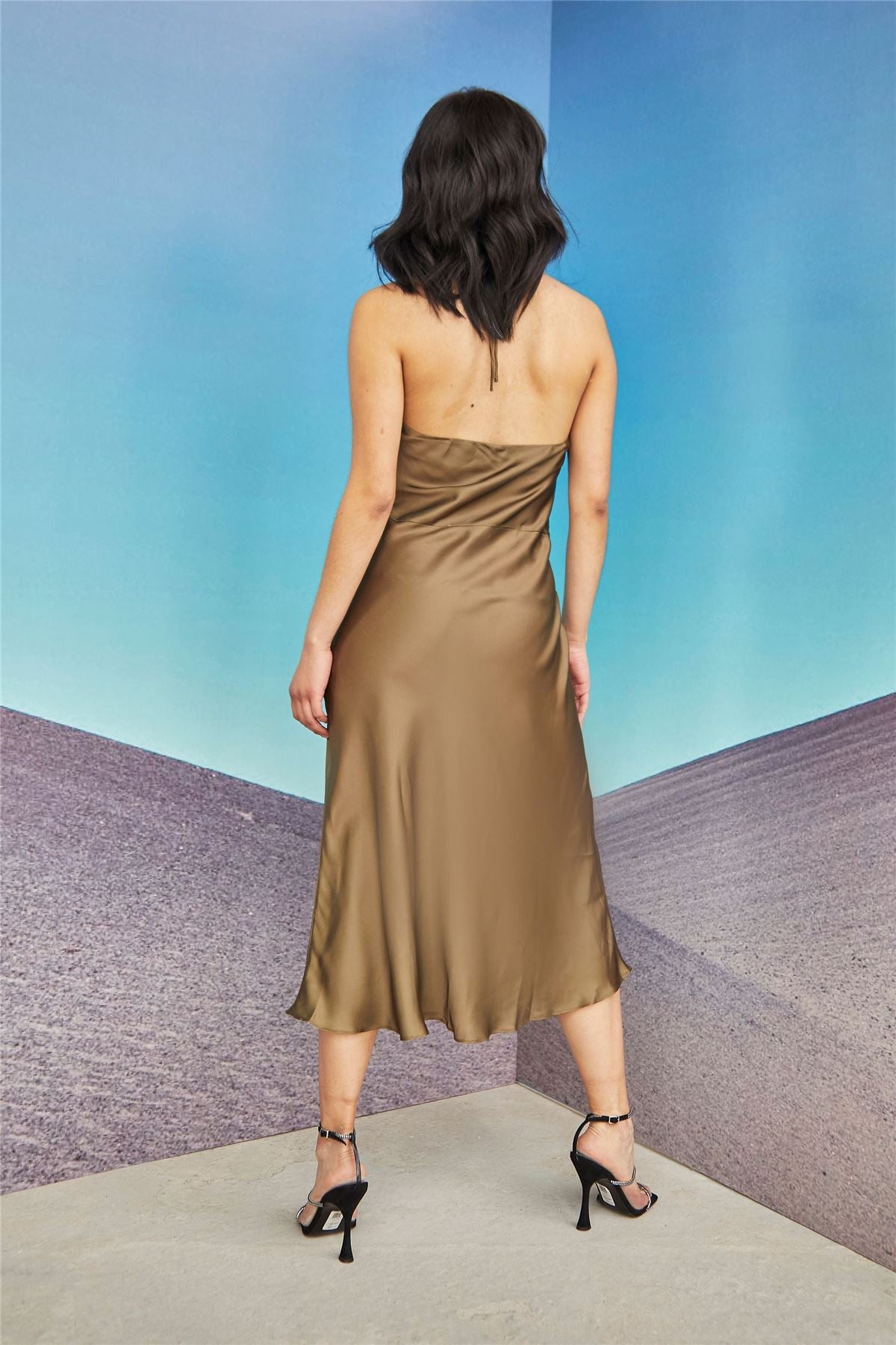 Satin Cowl Neck Midi Dress - Khaki