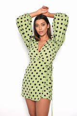 Green Brown Polka Dot Wrap Mini-Dress