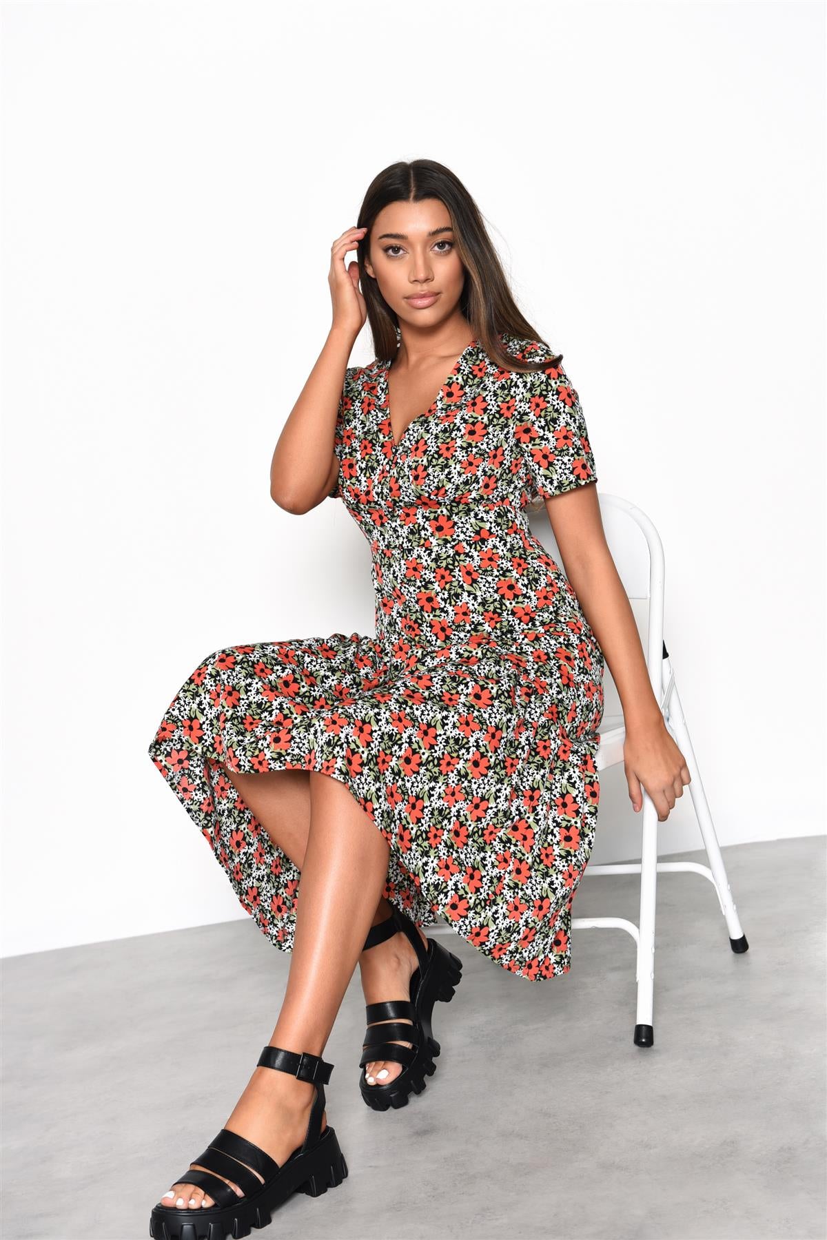 Bold-Multi-Floral V-Neck Midi-Dress