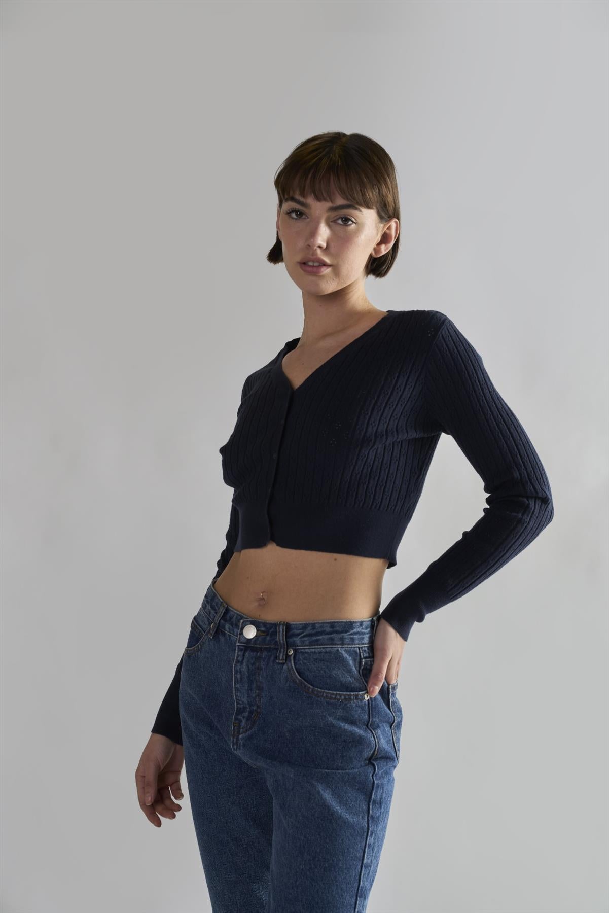 Navy Button-Front-Crop Cardigan