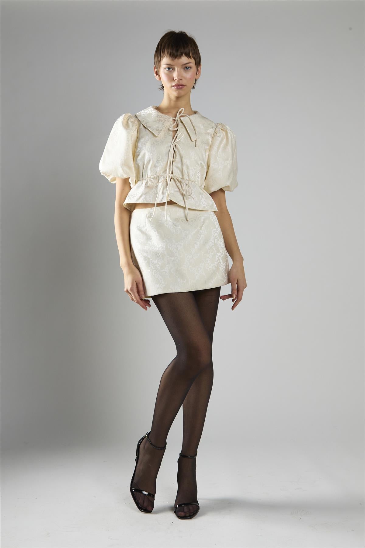 Cream Brocade A-Line Mini Skirt