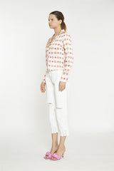 Pastel Tile Print Floral Button-Up Crop-Top