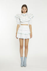 White Blue Pink Ditsy Extreme Ruffle Crop-Top