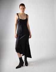 Asymmetrical Scoop Neck Midi Dress - Black Satin